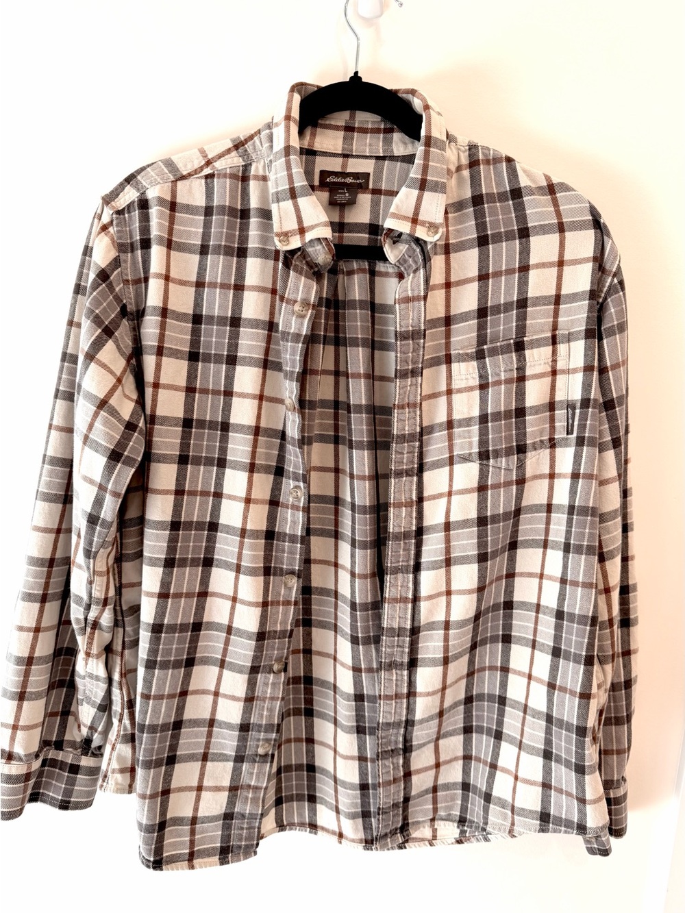 Eddie Bauer Men's Large Flannel Shirt Cream Grey Brown Plaid Cotton Button Down